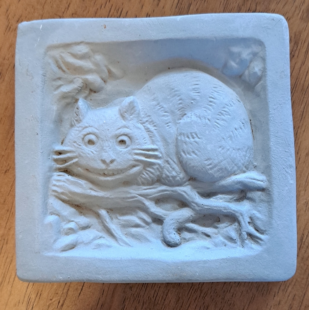 Vintage Cheshire Cat Hand Cast Stone Wall Whimsy Plaque, White Swan.